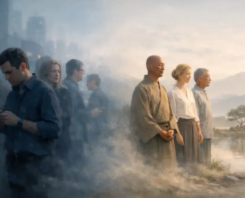 Gruppe von Menschen in zwei kontrastierenden Welten: links moderne Stadtmenschen, die abgelenkt wirken, rechts ruhige spirituelle Menschen in einer friedlichen Naturlandschaft; symbolischer Übergang vom hektischen Alltag zu innerer Ruhe.“