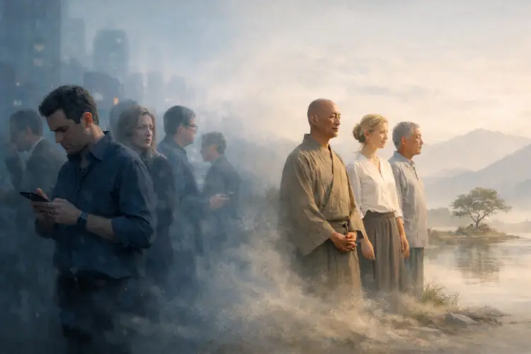 Gruppe von Menschen in zwei kontrastierenden Welten: links moderne Stadtmenschen, die abgelenkt wirken, rechts ruhige spirituelle Menschen in einer friedlichen Naturlandschaft; symbolischer Übergang vom hektischen Alltag zu innerer Ruhe.“