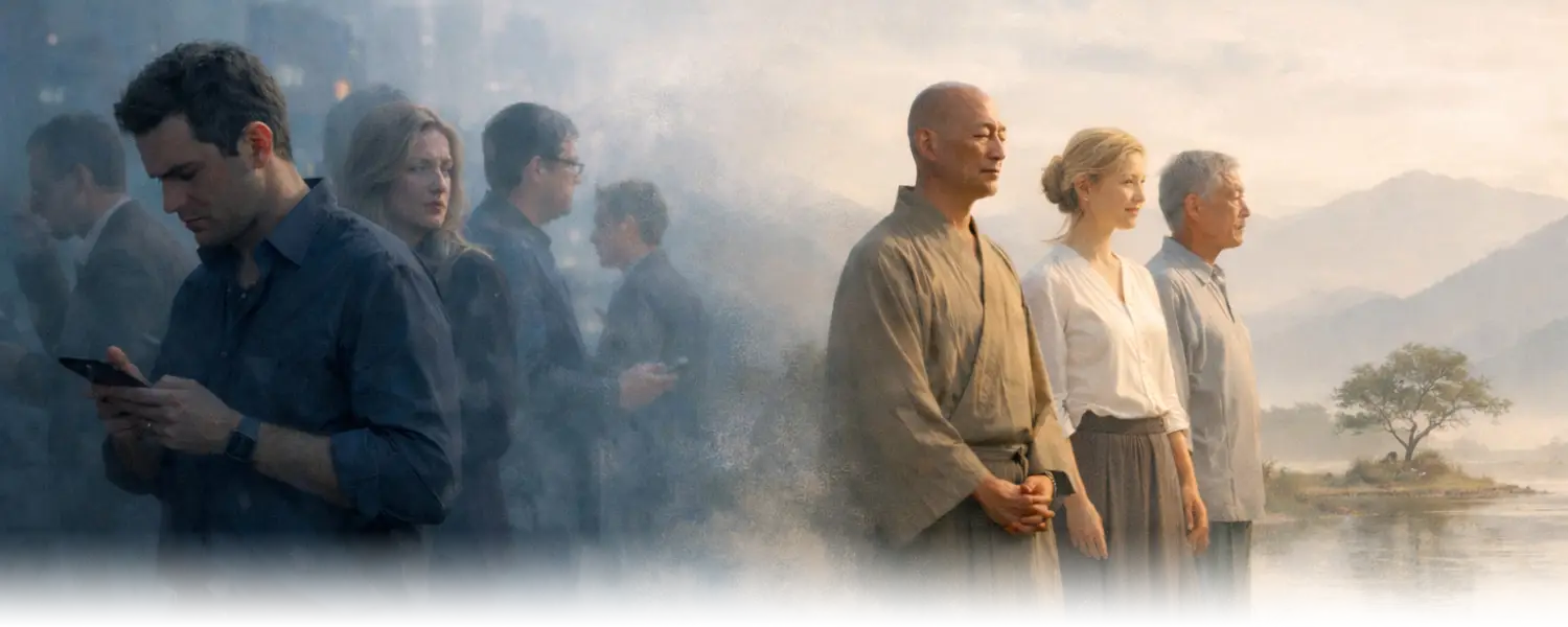 „Gruppe von Menschen in zwei kontrastierenden Welten: links